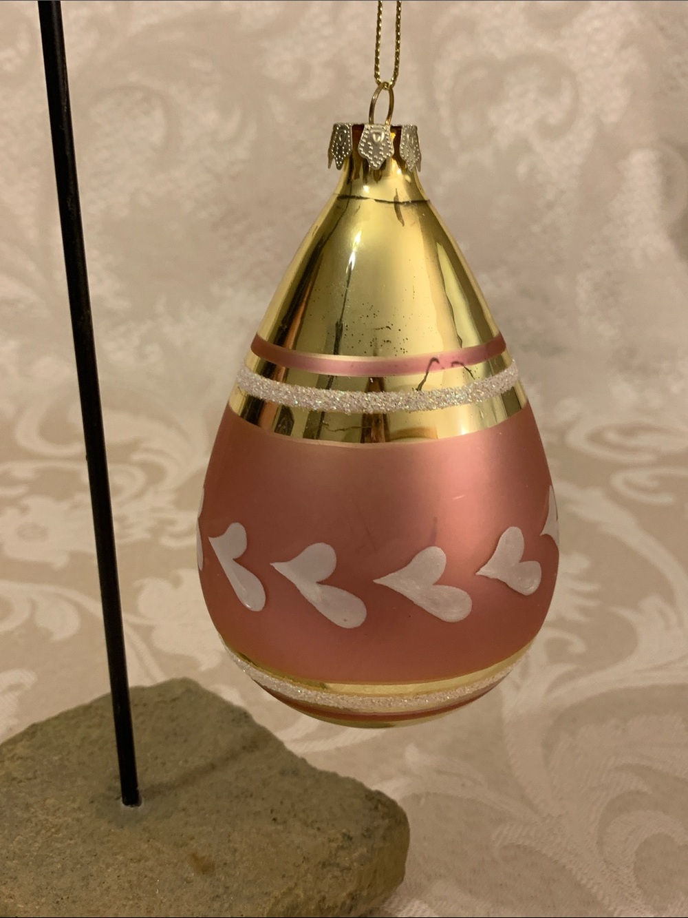 Martha Stewart Gold and Pink Teardrop Ornament with White Heart Motif